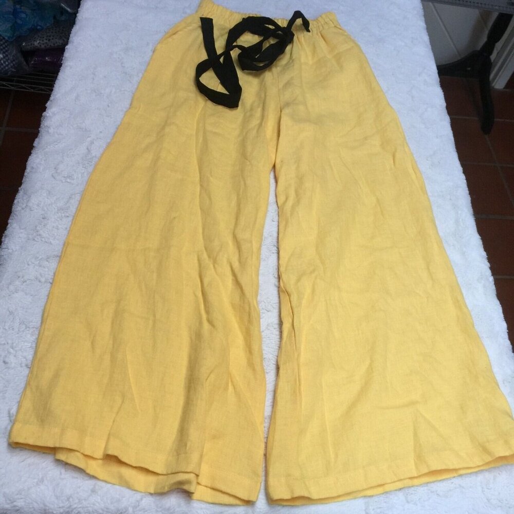 Baltic Bloom Womens Medium High Rise Drawstring Linen Wide Leg Pants Yellow